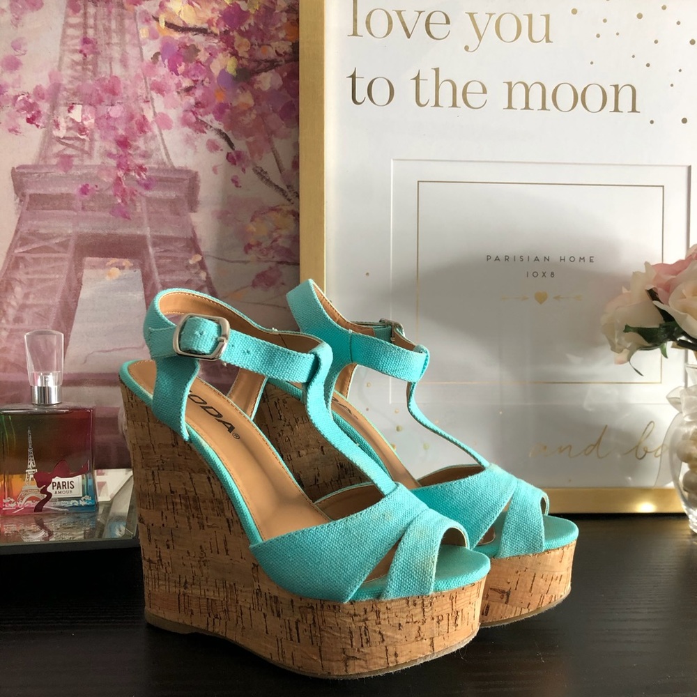 Soda Path-S Blue T-Strap Platform Cork Wedge